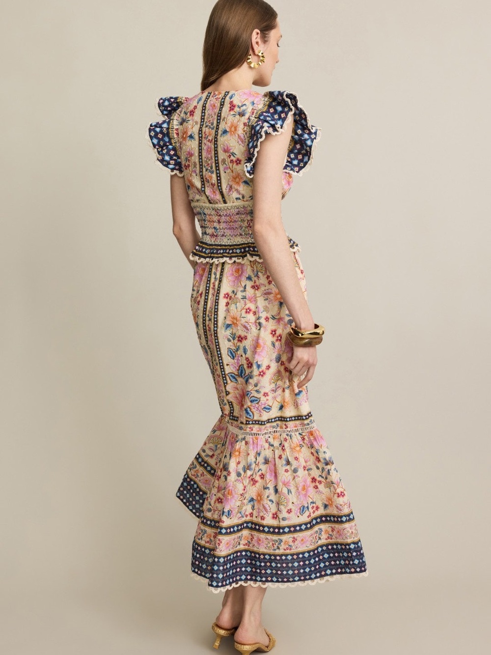 FARM Rio Peach Floral Maxi Dress with Navy Trim - Picture 2 of 5